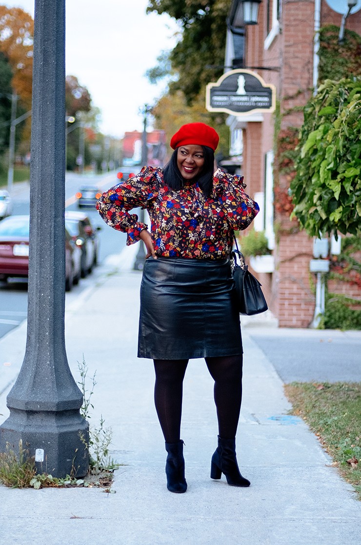 Fall outfit idea- leather skirt, long sleeve blouse and velvet ankle boots- Assa Cisse