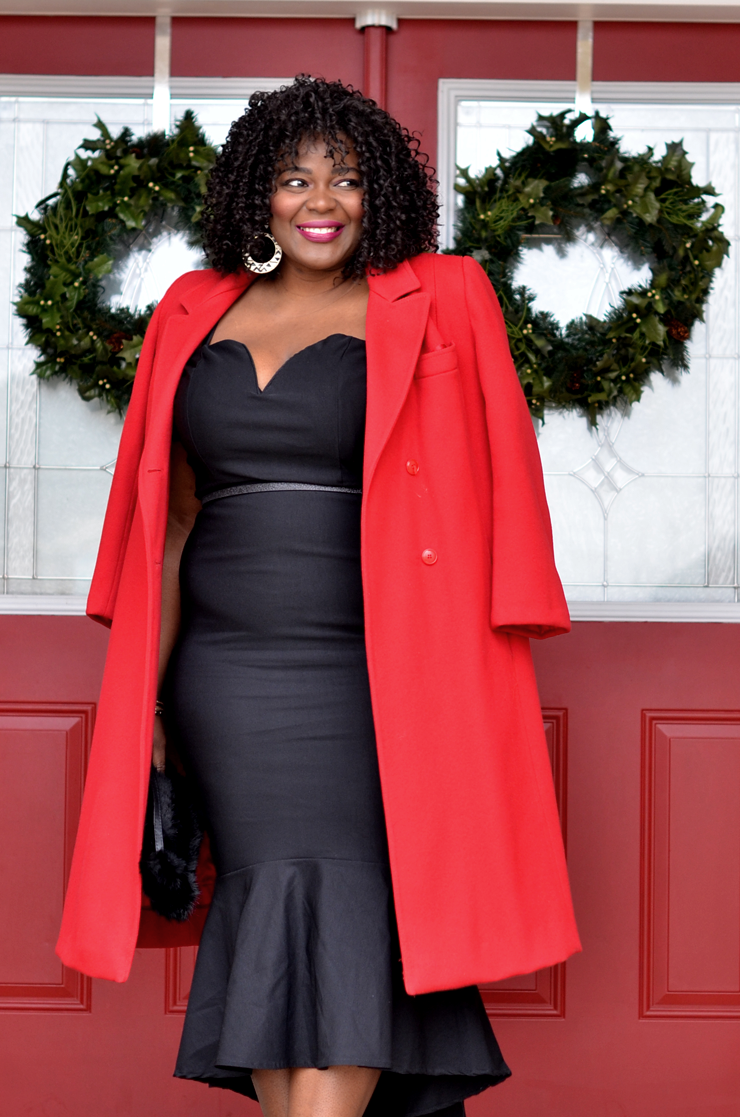 Little Black Dress + Red Long Coat | My Curves And Curls