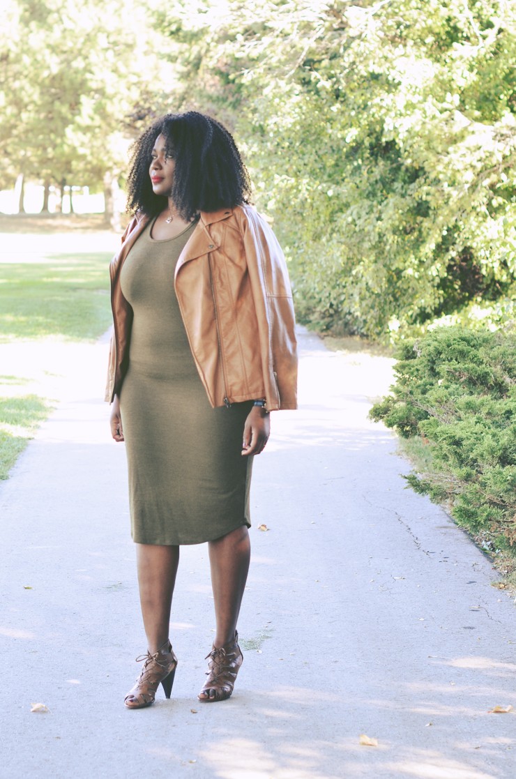 Le Château Style Bodycon Tank Dress + Camel Moto Jacket - My Curves And  Curls