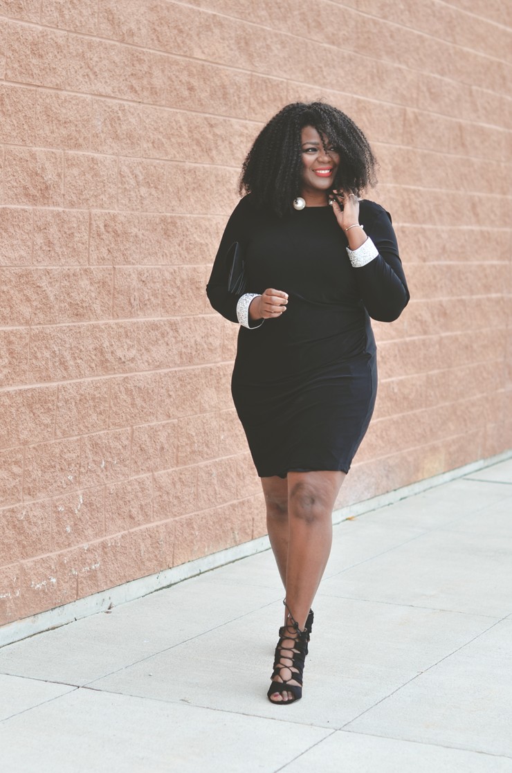 Assa Cisse-plus size fashion blogger wearing a little black dress with Metallic Details
