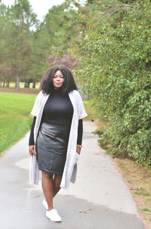 Long Cardigan and Mini Faux Leather Skirt - My Curves And Curls