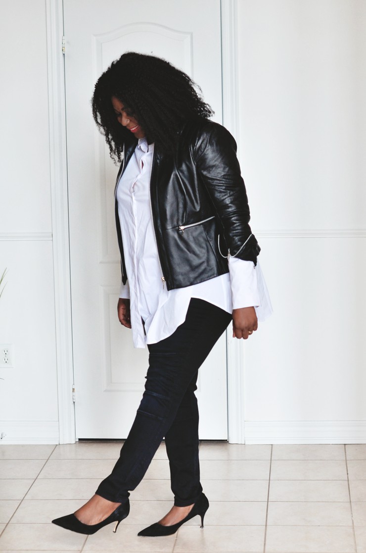 Minimalist style- white button shirt- black skinny jeans-moto-jacket- mycurvesandcurls.com
