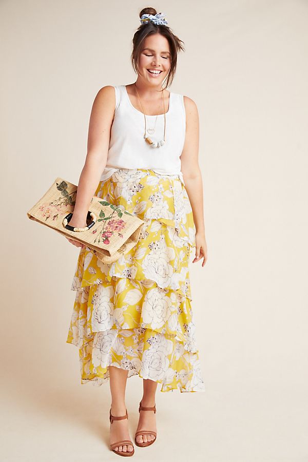 With floaty, floral-printed tiers, this maxi skirt is a dreamy, occasion-worthy piece. #plussize #summer outfit. 10 Pieces You Need From The Anthropologie Plus Size Line This Spring