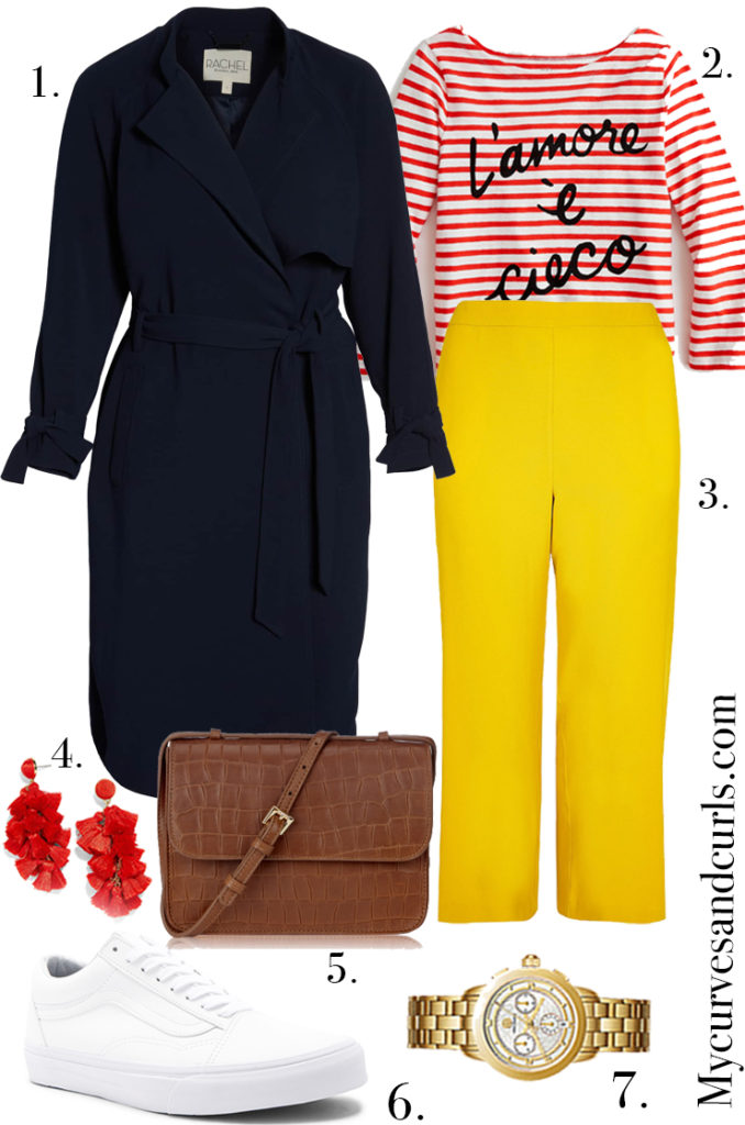 How To Wear Yellow This Spring: Outfit Ideas. Yellow pants paired with stripred shirt and navy trench coat.