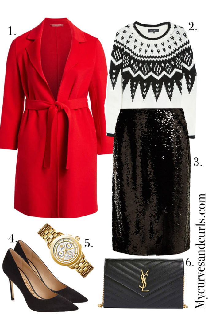 Christmas party outfit ideas. Fairisle sweater and a sequin skirt paired with a red coat #plussize