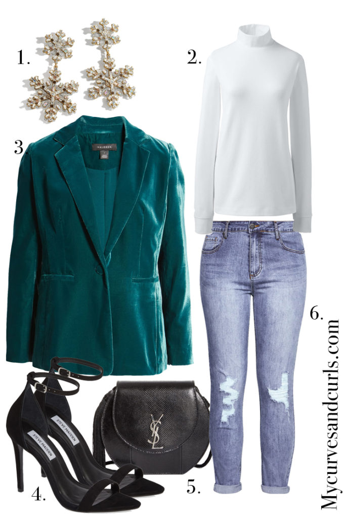 What to wear to an office holiday party. Green blazer paired with ripped jeans and white turtleneck