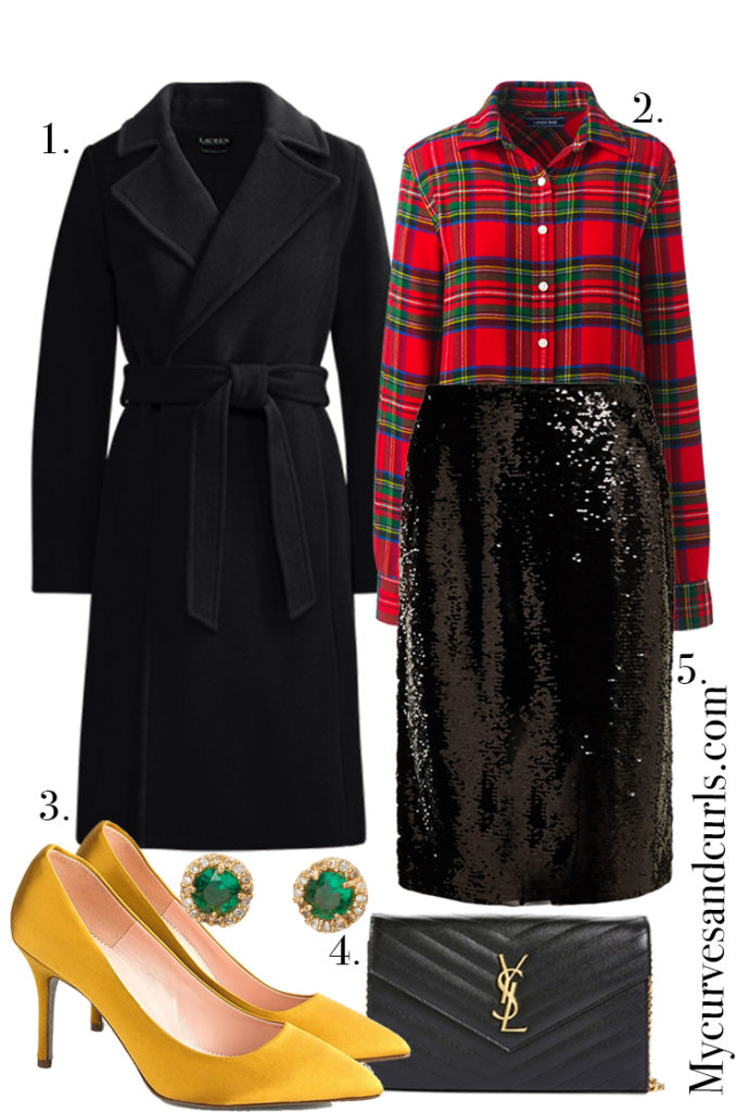 Holiday Office Party Outfit Ideas (Plus Size). Sequin skirt paired with flannel shirt and mustard pumps