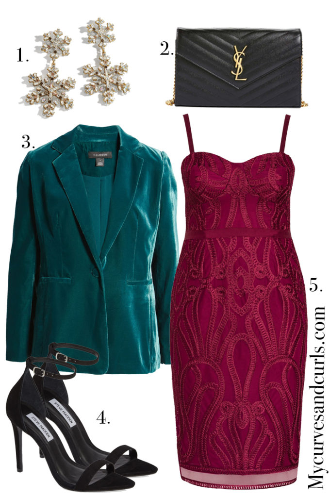 Plus size holiday outfit ideas. Green Blazer and a Strapless Sheath Dress perfect for an Christmas office party 