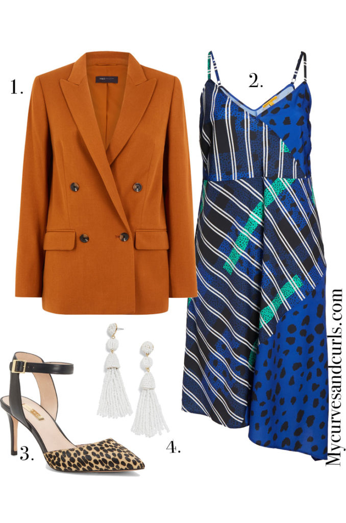 PLus size date night outfit idea- pumpkin blazer, blue Mix Print Asymmetrical Slipdress and animal print shoes